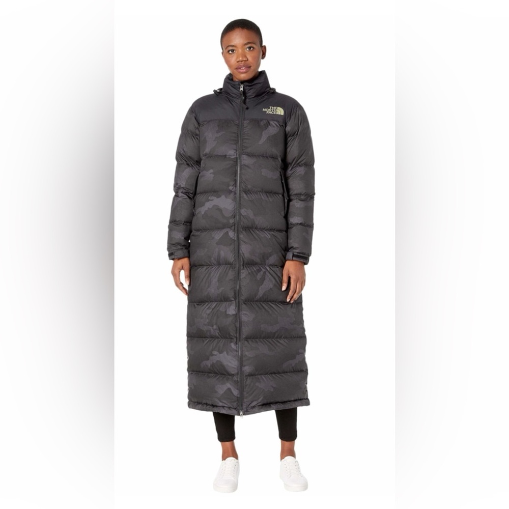 The North Face Women's Nuptse Black Camouflage Long Puffer Coat